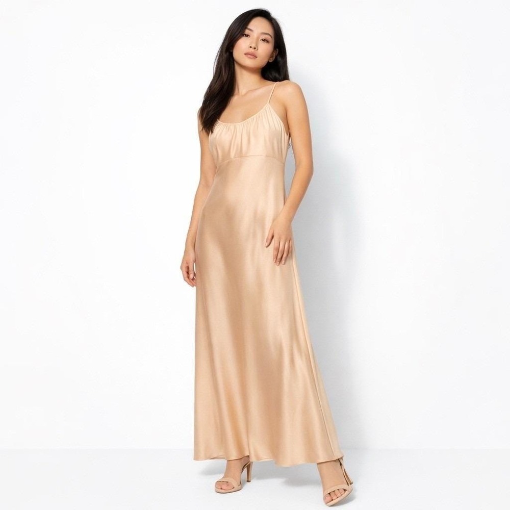 Women's Beige Satin Slip Maxi‎ Dress M Clean Girl Scandi Quiet Luxury Balletcore